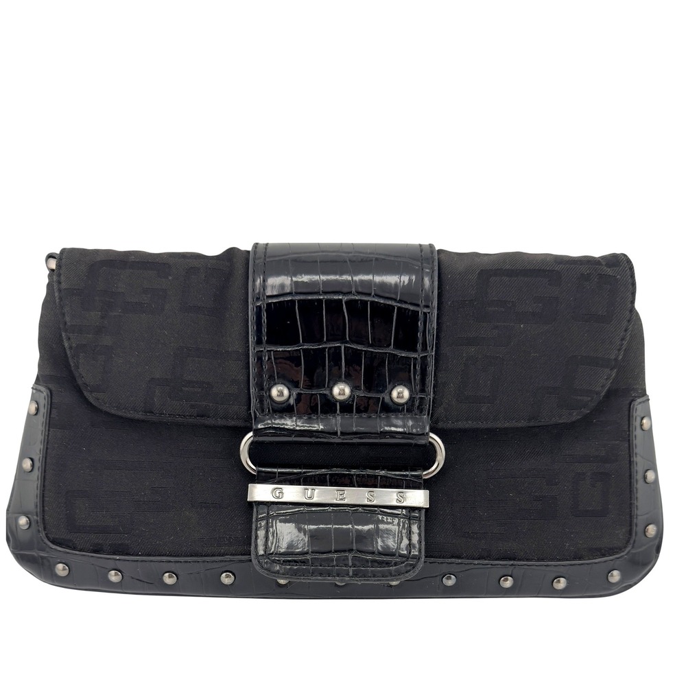 Vintage Guess Monogram Baguette Shoulder Bag Black Canvas Studded‎ Y2K Croc Trim